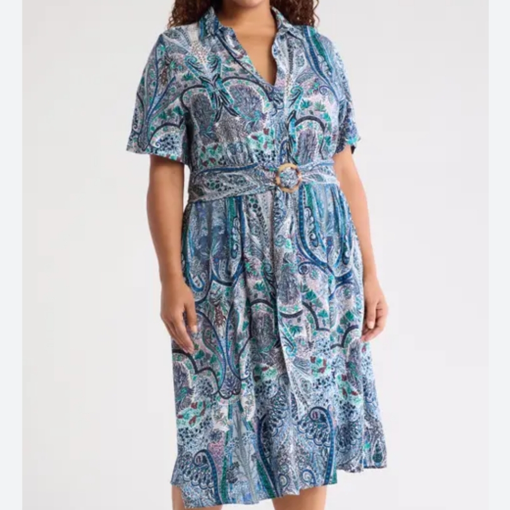 T Tahari Stripe Belted Shirt dress In Blue Paisley Print...Size 2X - Picture 1 of 7